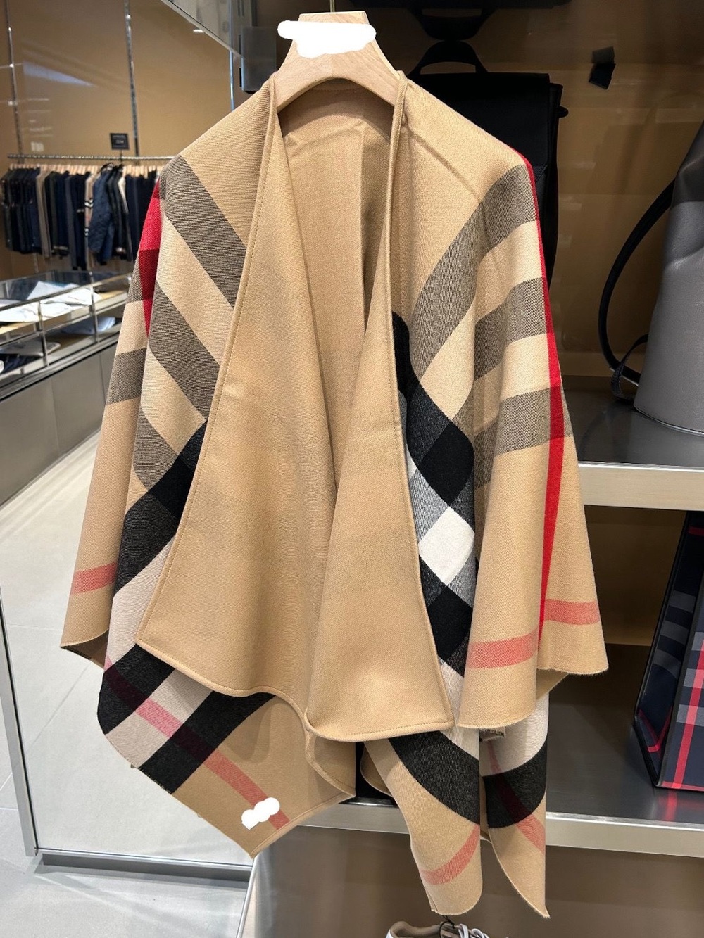 Burberry Camel Plaid Wool Shawl Cape with Red Accents reversible